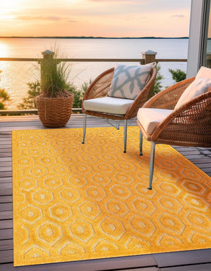 Yellow 6' x 9' Outdoor Trellis Textured Rectangle Area Rug Weather Resistant for Patio, Deck, Terrace, Balcony, Porch Geometric Design Water Safe Outside Carpet for Sale at Rug Engine