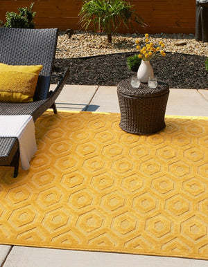 Yellow 7' 10 x 7' 10 Outdoor Trellis Textured Square Area Rug Weather Resistant for Patio, Deck, Terrace, Balcony, Porch Geometric Design Water Safe Outside Carpet for Sale at Rug Engine