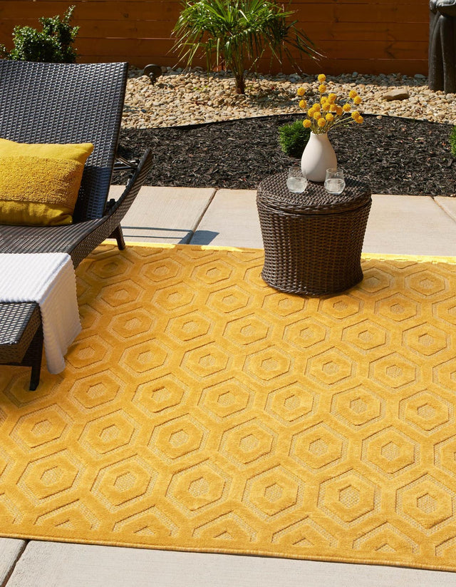 Yellow 7' 10 x 7' 10 Outdoor Trellis Textured Square Area Rug Weather Resistant for Patio, Deck, Terrace, Balcony, Porch Geometric Design Water Safe Outside Carpet for Sale at Rug Engine