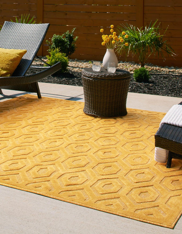 Yellow 7' 10 x 7' 10 Outdoor Trellis Textured Square Area Rug Weather Resistant for Patio, Deck, Terrace, Balcony, Porch Geometric Design Water Safe Outside Carpet for Sale at Rug Engine