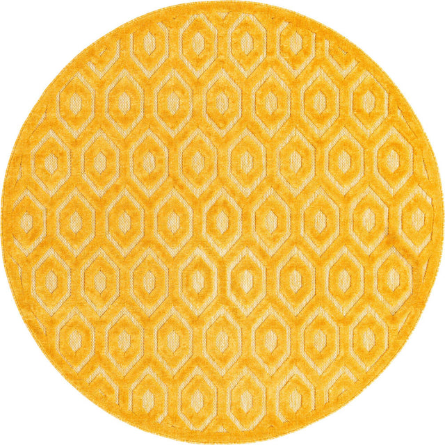 Yellow 7' x 7' Outdoor Trellis Textured Round Area Rug Weather Resistant for Patio, Deck, Terrace, Balcony, Porch Geometric Design Water Safe Outside Carpet for Sale at Rug Engine