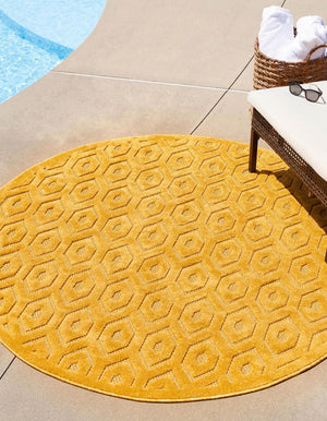 Yellow 3' x 3' Outdoor Trellis Textured Round Area Rug Weather Resistant for Patio, Deck, Terrace, Balcony, Porch Geometric Design Water Safe Outside Carpet for Sale at Rug Engine