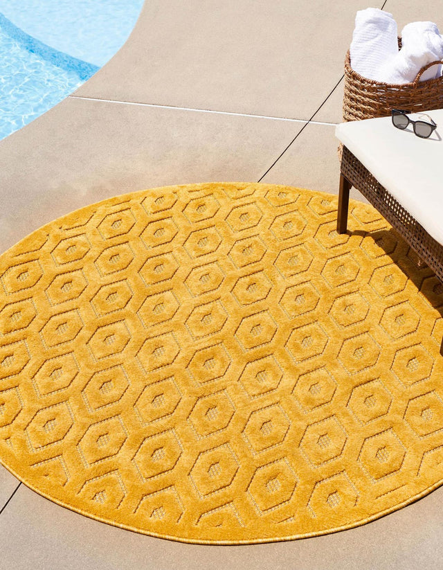 Yellow 3' x 3' Outdoor Trellis Textured Round Area Rug Weather Resistant for Patio, Deck, Terrace, Balcony, Porch Geometric Design Water Safe Outside Carpet for Sale at Rug Engine