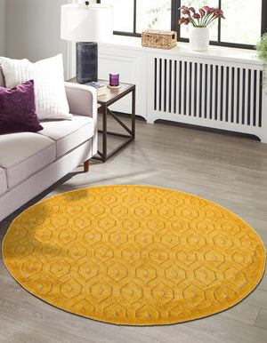 Yellow 3' x 3' Outdoor Trellis Textured Round Area Rug Weather Resistant for Patio, Deck, Terrace, Balcony, Porch Geometric Design Water Safe Outside Carpet for Sale at Rug Engine