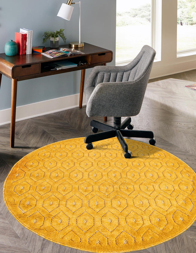 Yellow 3' x 3' Outdoor Trellis Textured Round Area Rug Weather Resistant for Patio, Deck, Terrace, Balcony, Porch Geometric Design Water Safe Outside Carpet for Sale at Rug Engine