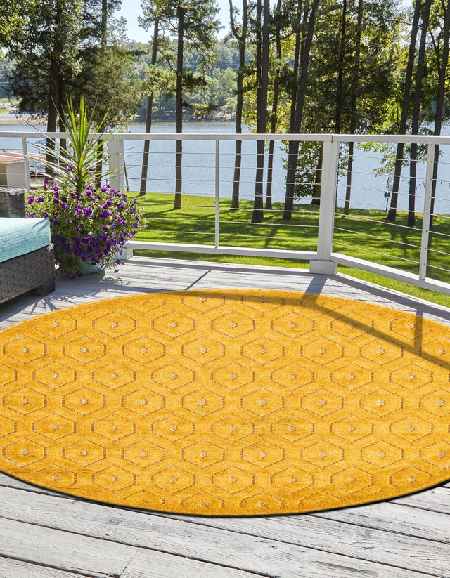 Yellow 3' x 3' Outdoor Trellis Textured Round Area Rug Weather Resistant for Patio, Deck, Terrace, Balcony, Porch Geometric Design Water Safe Outside Carpet for Sale at Rug Engine