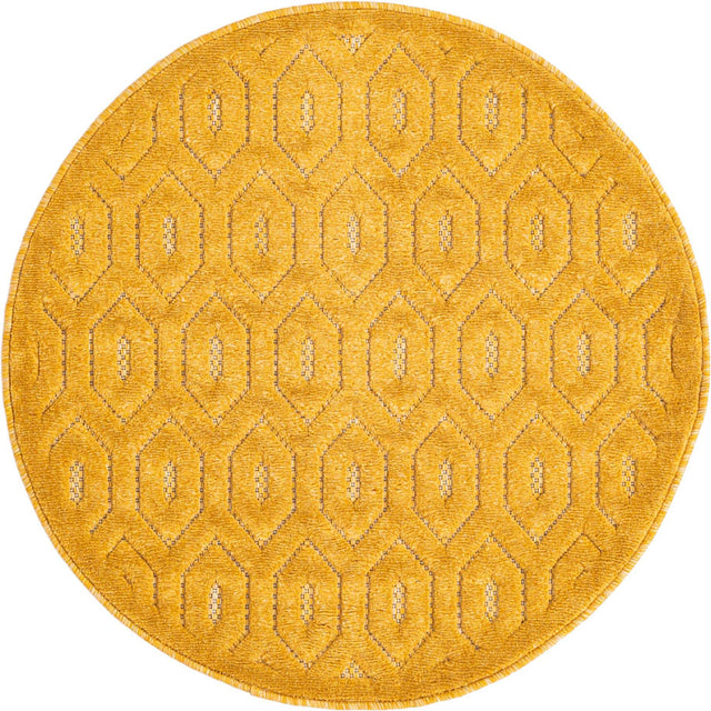 Yellow 3' x 3' Outdoor Trellis Textured Round Area Rug Weather Resistant for Patio, Deck, Terrace, Balcony, Porch Geometric Design Water Safe Outside Carpet for Sale at Rug Engine
