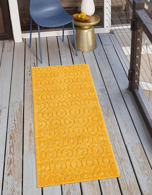 Yellow 2' x 8' Outdoor Trellis Textured Runner Area Rug Weather Resistant for Patio, Deck, Terrace, Balcony, Porch Geometric Design Water Safe Outside Carpet for Sale at Rug Engine
