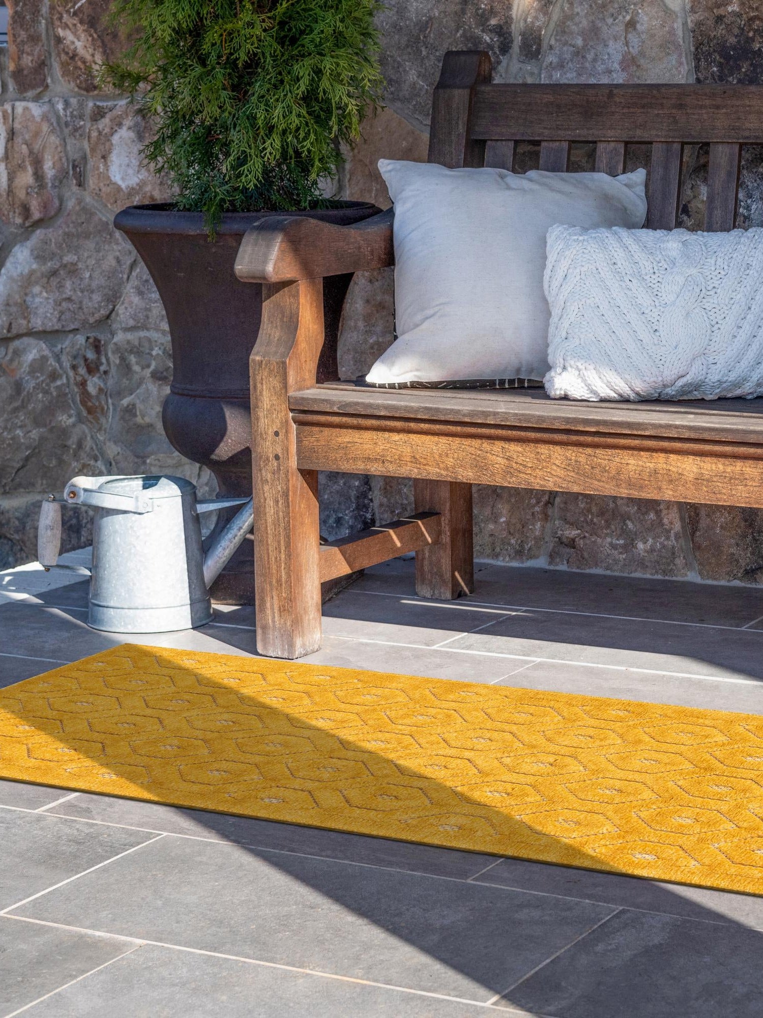 Yellow 2' x 6' Outdoor Trellis Textured Runner Area Rug Weather Resistant for Patio, Deck, Terrace, Balcony, Porch Geometric Design Water Safe Outside Carpet for Sale at Rug Engine