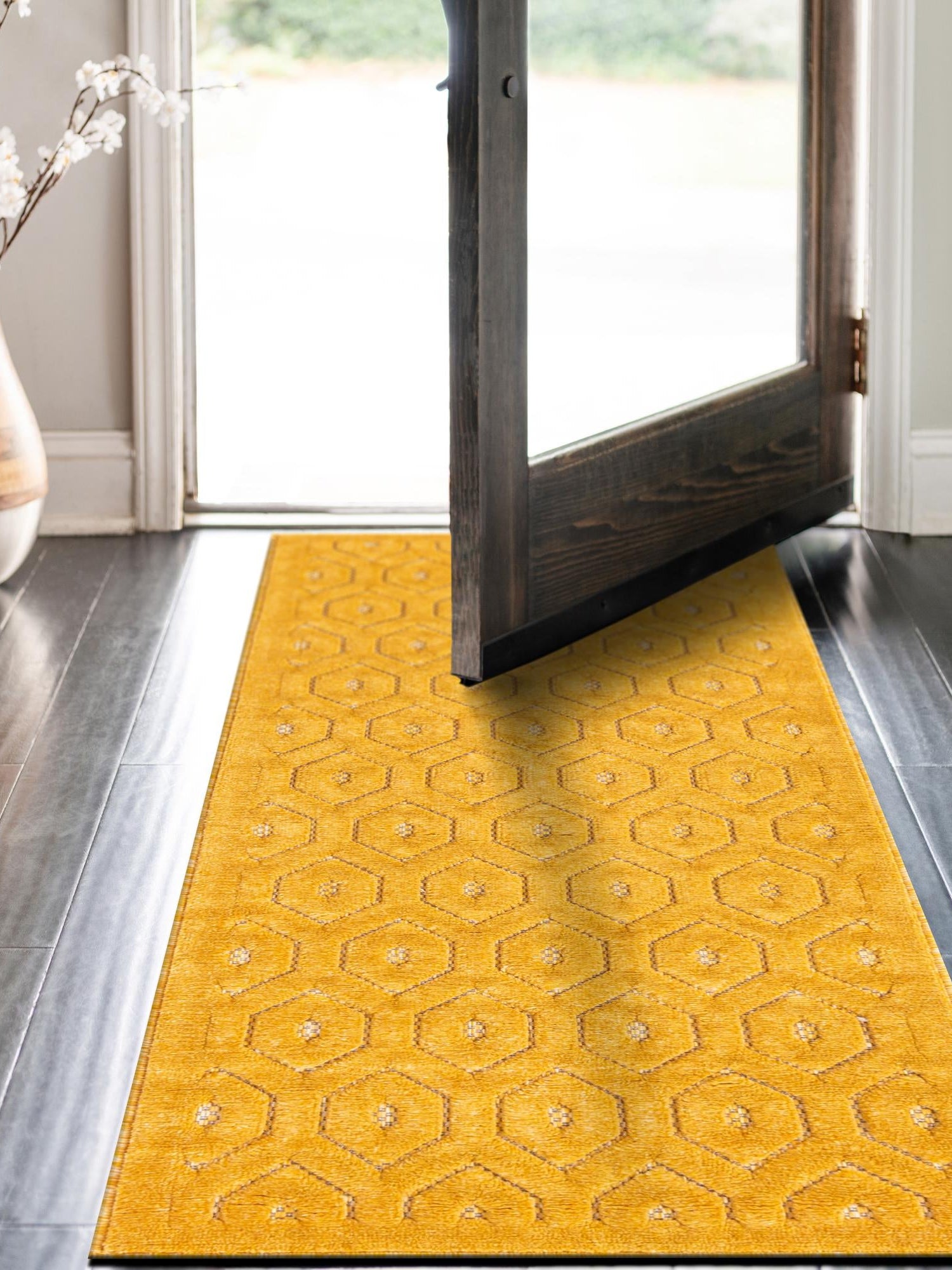 Yellow 2' x 6' Outdoor Trellis Textured Runner Area Rug Weather Resistant for Patio, Deck, Terrace, Balcony, Porch Geometric Design Water Safe Outside Carpet for Sale at Rug Engine