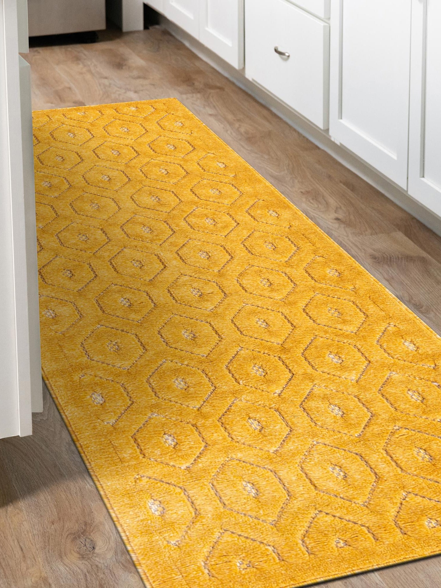 Yellow 2' x 6' Outdoor Trellis Textured Runner Area Rug Weather Resistant for Patio, Deck, Terrace, Balcony, Porch Geometric Design Water Safe Outside Carpet for Sale at Rug Engine