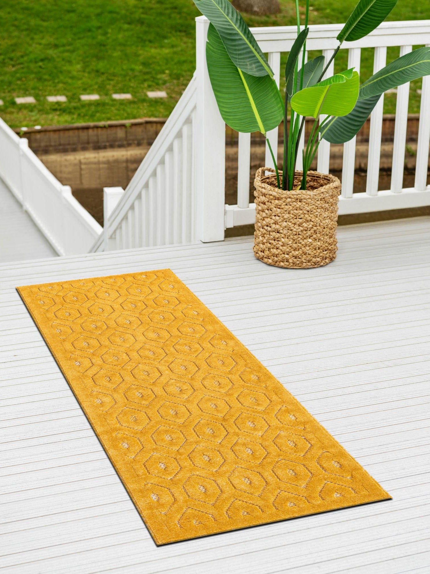 Yellow 2' x 6' Outdoor Trellis Textured Runner Area Rug Weather Resistant for Patio, Deck, Terrace, Balcony, Porch Geometric Design Water Safe Outside Carpet for Sale at Rug Engine