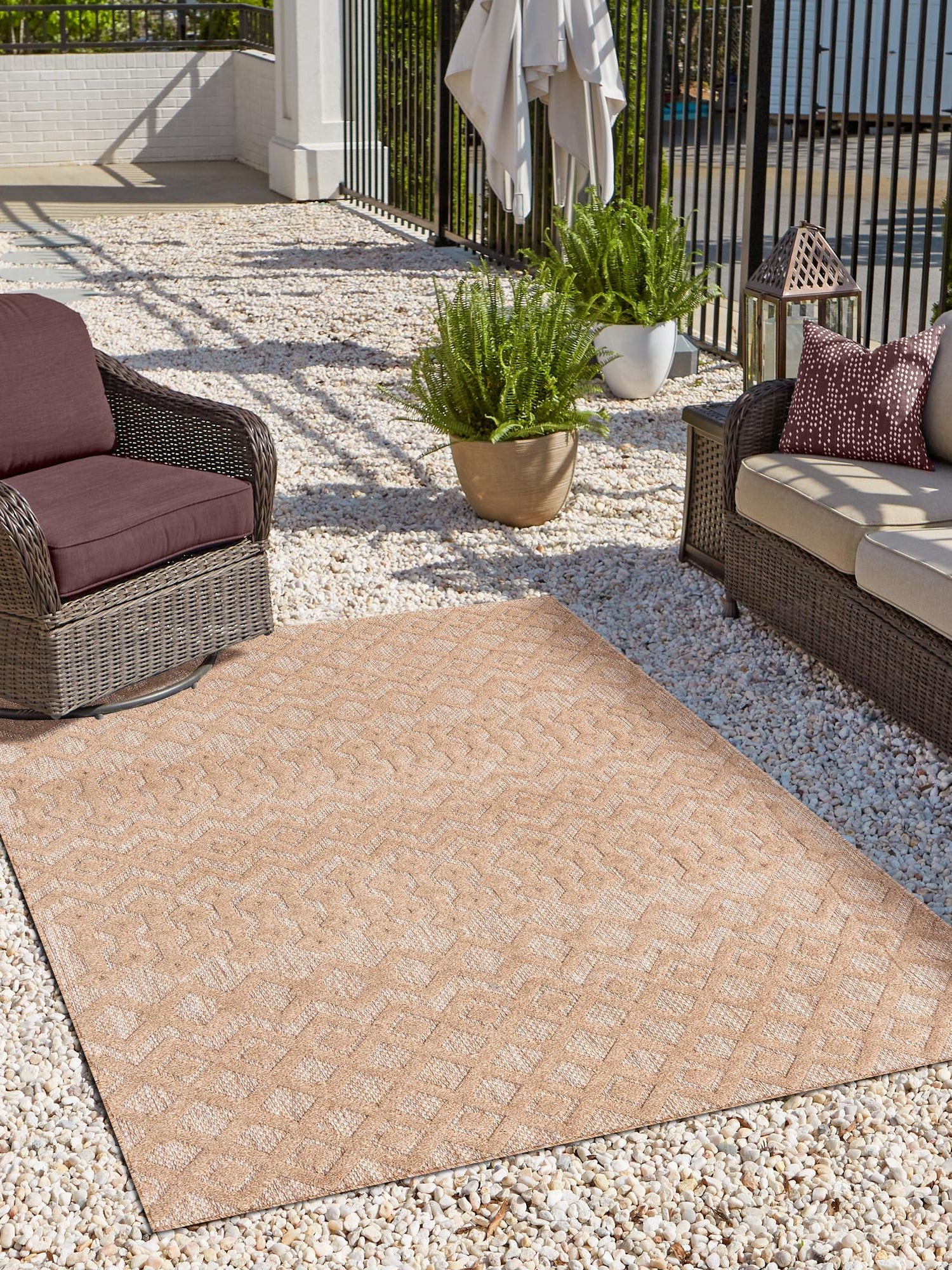 Beige 1' 4 x 1' 4 Outdoor Trellis Textured Sample Area Rug Weather Resistant for Patio, Deck, Terrace, Balcony, Porch Geometric Design Water Safe Outside Carpet for Sale at Rug Engine