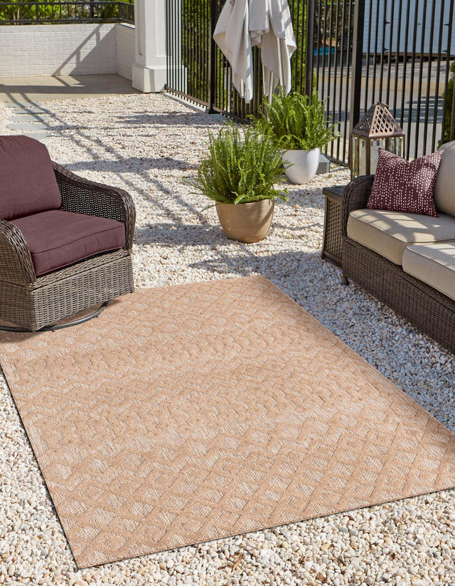 Beige 5' 3 x 8' Outdoor Trellis Textured Rectangle Area Rug Weather Resistant for Patio, Deck, Terrace, Balcony, Porch Geometric Design Water Safe Outside Carpet for Sale at Rug Engine