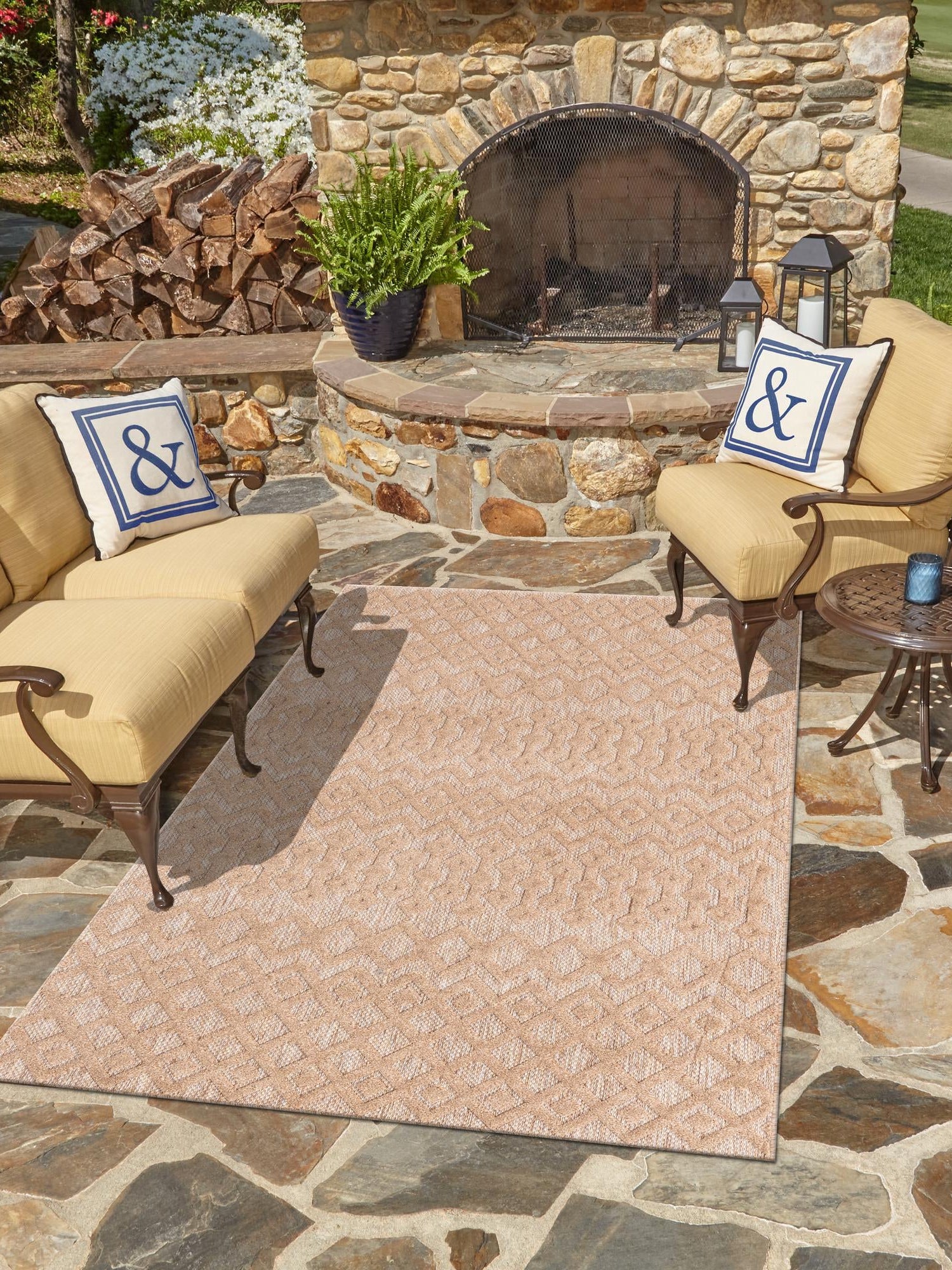 Beige 5' 3 x 8' Outdoor Trellis Textured Rectangle Area Rug Weather Resistant for Patio, Deck, Terrace, Balcony, Porch Geometric Design Water Safe Outside Carpet for Sale at Rug Engine
