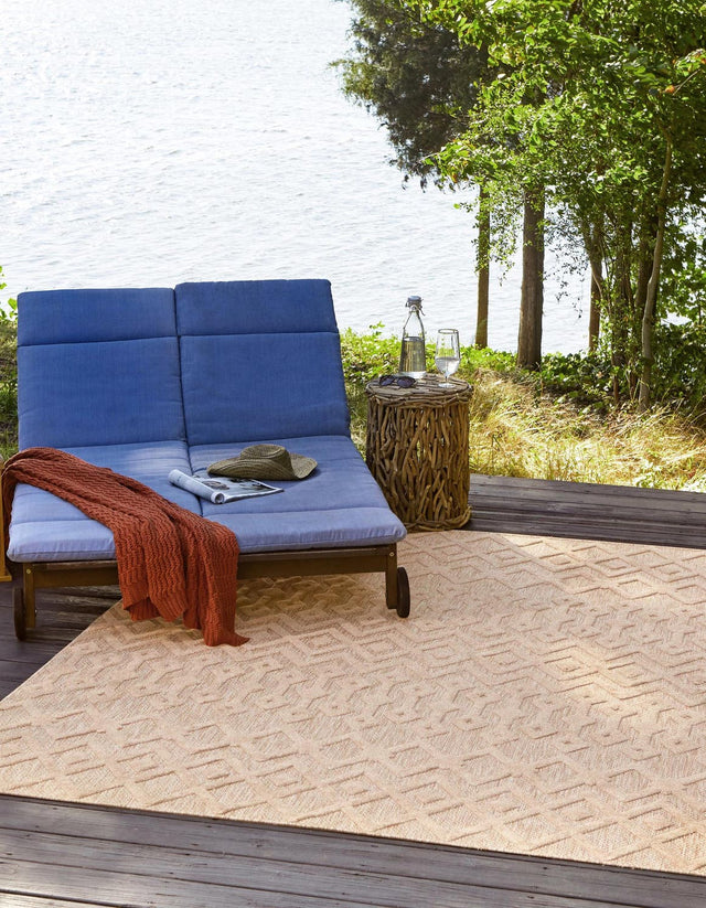 Beige 7' 10 x 7' 10 Outdoor Trellis Textured Square Area Rug Weather Resistant for Patio, Deck, Terrace, Balcony, Porch Geometric Design Water Safe Outside Carpet for Sale at Rug Engine