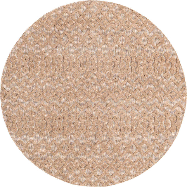 Beige 7' x 7' Outdoor Trellis Textured Round Area Rug Weather Resistant for Patio, Deck, Terrace, Balcony, Porch Geometric Design Water Safe Outside Carpet for Sale at Rug Engine