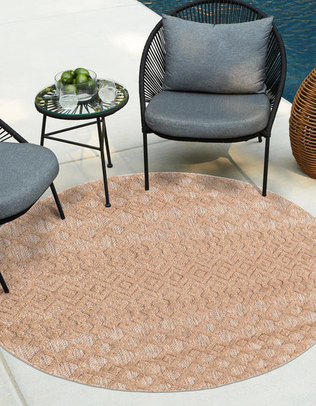 Beige 4' x 4' Outdoor Trellis Textured Round Area Rug Weather Resistant for Patio, Deck, Terrace, Balcony, Porch Geometric Design Water Safe Outside Carpet for Sale at Rug Engine
