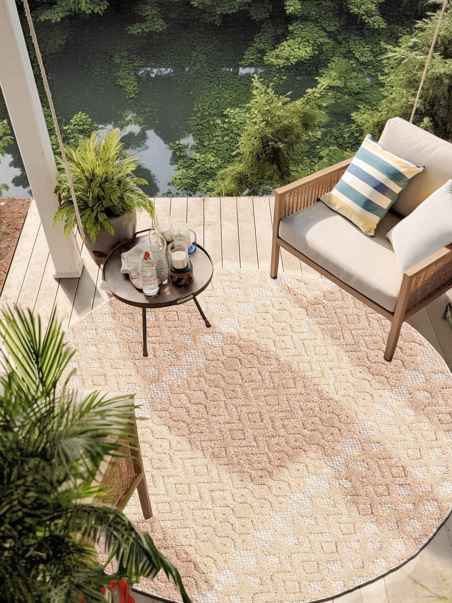 Beige 4' x 4' Outdoor Trellis Textured Round Area Rug Weather Resistant for Patio, Deck, Terrace, Balcony, Porch Geometric Design Water Safe Outside Carpet for Sale at Rug Engine