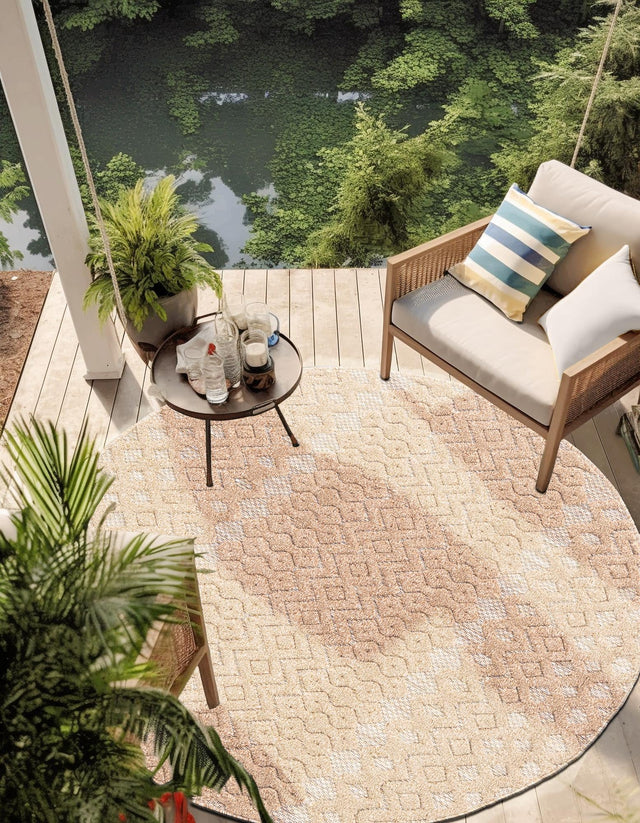 Beige 4' x 4' Outdoor Trellis Textured Round Area Rug Weather Resistant for Patio, Deck, Terrace, Balcony, Porch Geometric Design Water Safe Outside Carpet for Sale at Rug Engine