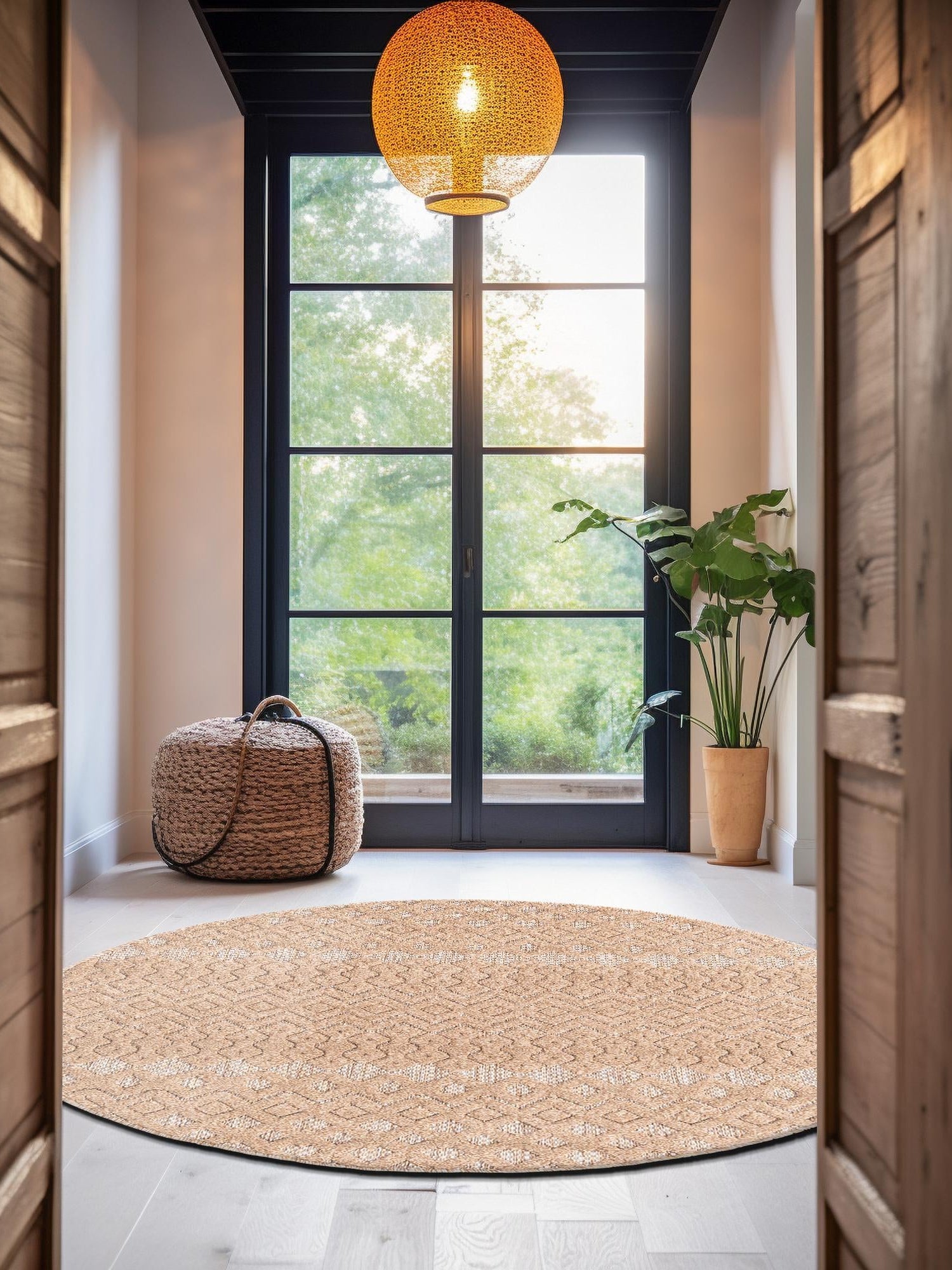 Beige 4' x 4' Outdoor Trellis Textured Round Area Rug Weather Resistant for Patio, Deck, Terrace, Balcony, Porch Geometric Design Water Safe Outside Carpet for Sale at Rug Engine