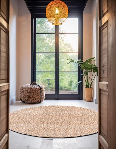 Beige 4' x 4' Outdoor Trellis Textured Round Area Rug Weather Resistant for Patio, Deck, Terrace, Balcony, Porch Geometric Design Water Safe Outside Carpet for Sale at Rug Engine