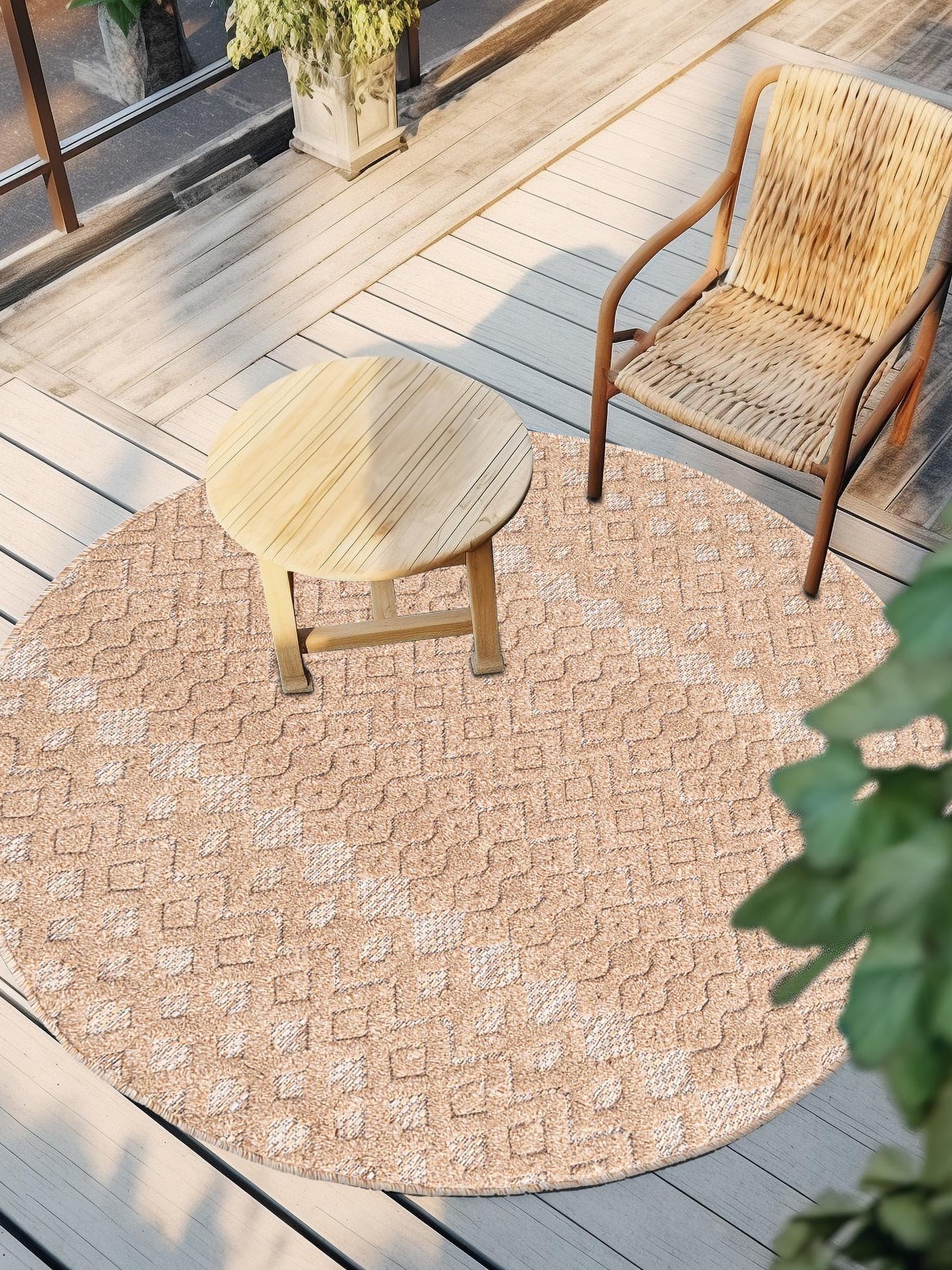 Beige 4' x 4' Outdoor Trellis Textured Round Area Rug Weather Resistant for Patio, Deck, Terrace, Balcony, Porch Geometric Design Water Safe Outside Carpet for Sale at Rug Engine