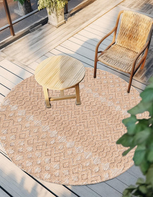 Beige 4' x 4' Outdoor Trellis Textured Round Area Rug Weather Resistant for Patio, Deck, Terrace, Balcony, Porch Geometric Design Water Safe Outside Carpet for Sale at Rug Engine