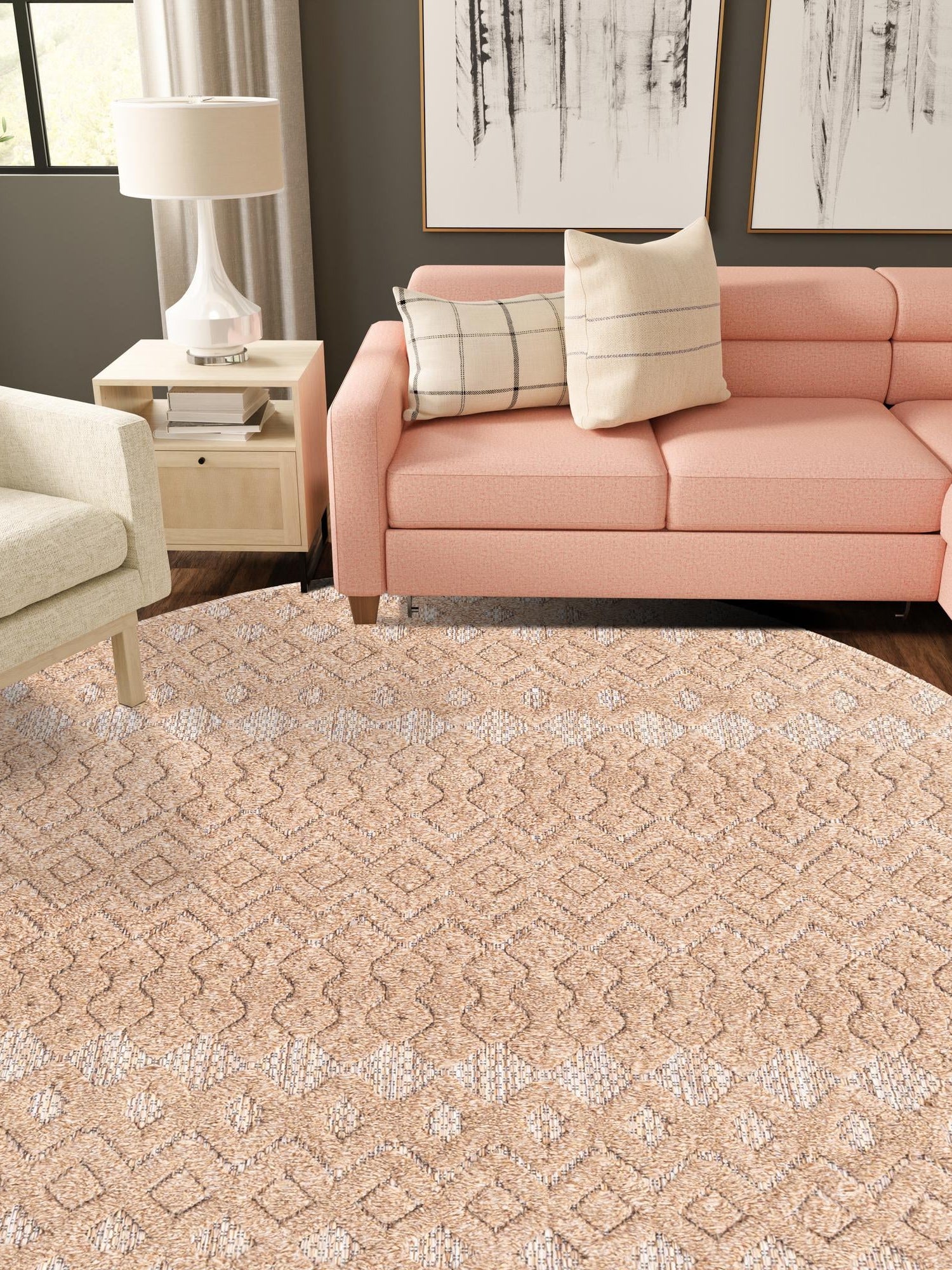 Beige 4' x 4' Outdoor Trellis Textured Round Area Rug Weather Resistant for Patio, Deck, Terrace, Balcony, Porch Geometric Design Water Safe Outside Carpet for Sale at Rug Engine