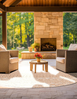 Beige 4' x 4' Outdoor Trellis Textured Round Area Rug Weather Resistant for Patio, Deck, Terrace, Balcony, Porch Geometric Design Water Safe Outside Carpet for Sale at Rug Engine