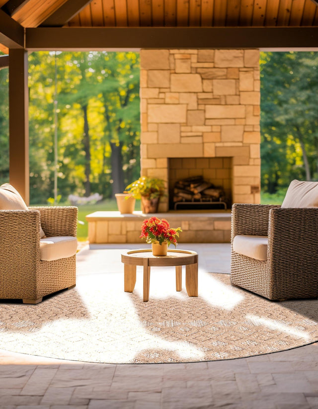 Beige 4' x 4' Outdoor Trellis Textured Round Area Rug Weather Resistant for Patio, Deck, Terrace, Balcony, Porch Geometric Design Water Safe Outside Carpet for Sale at Rug Engine