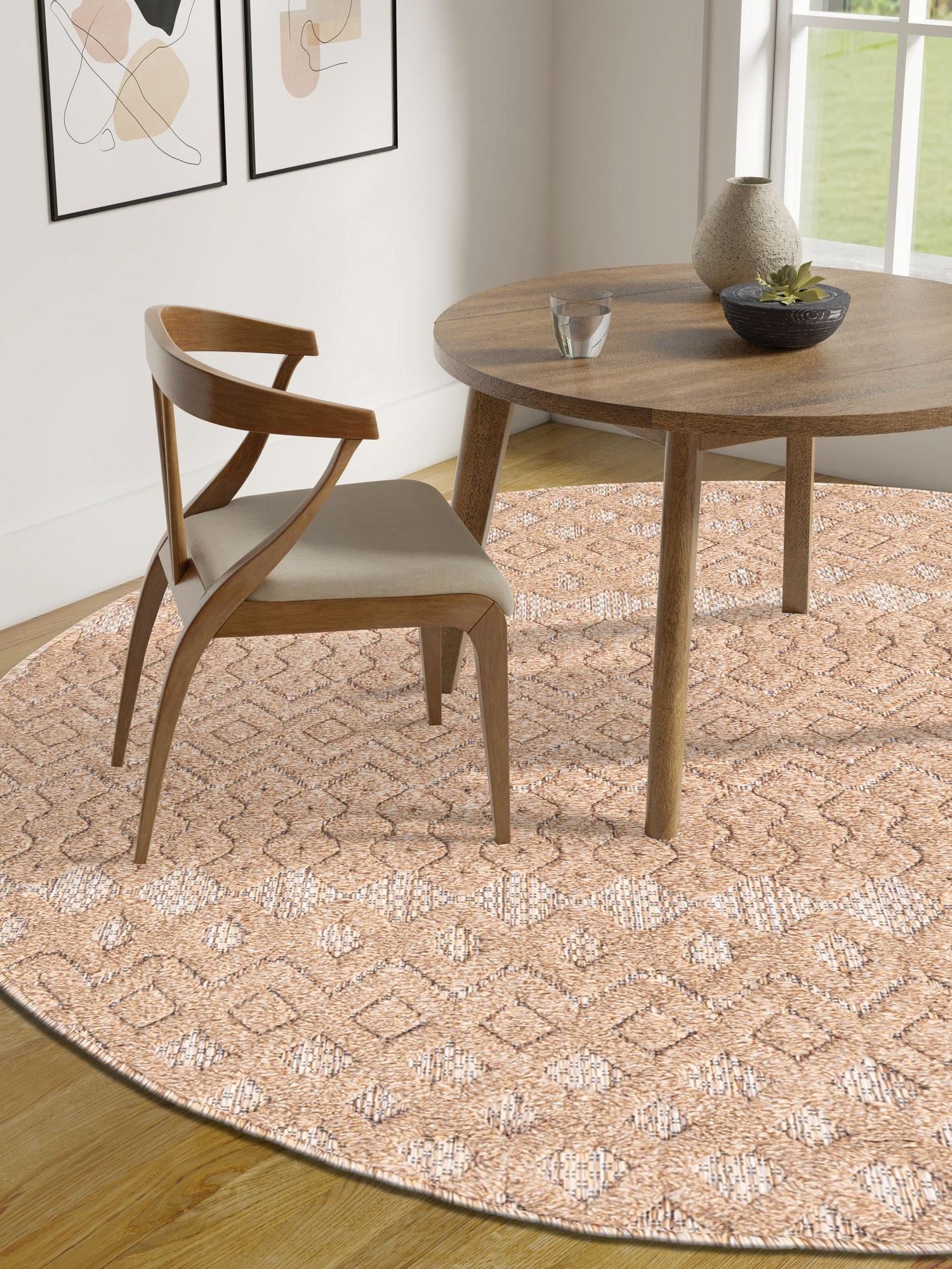 Beige 4' x 4' Outdoor Trellis Textured Round Area Rug Weather Resistant for Patio, Deck, Terrace, Balcony, Porch Geometric Design Water Safe Outside Carpet for Sale at Rug Engine