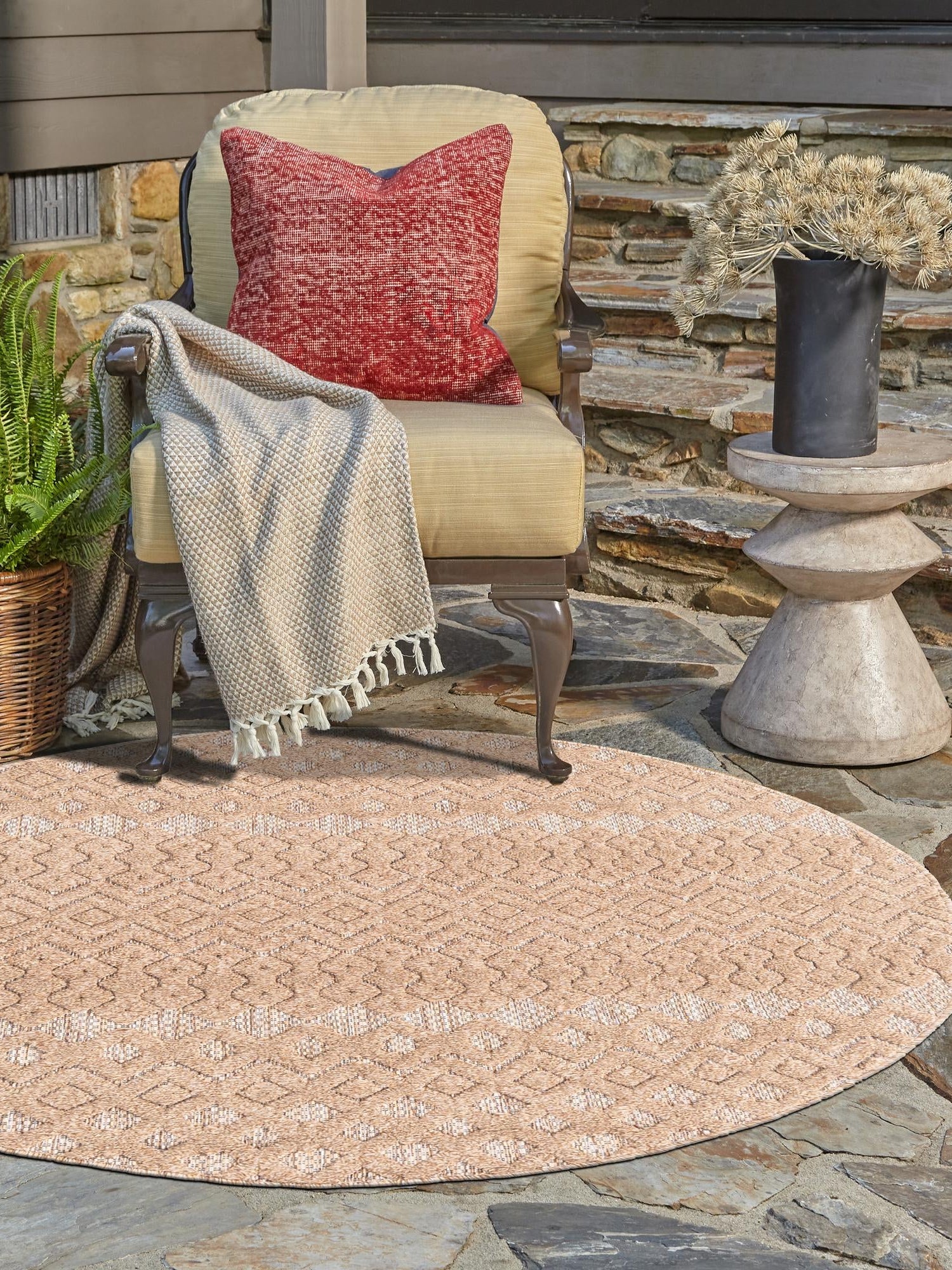 Beige 4' x 4' Outdoor Trellis Textured Round Area Rug Weather Resistant for Patio, Deck, Terrace, Balcony, Porch Geometric Design Water Safe Outside Carpet for Sale at Rug Engine