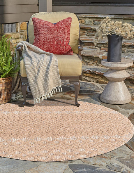 Beige 4' x 4' Outdoor Trellis Textured Round Area Rug Weather Resistant for Patio, Deck, Terrace, Balcony, Porch Geometric Design Water Safe Outside Carpet for Sale at Rug Engine