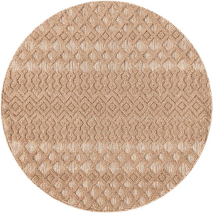 Beige 5' 3 x 5' 3 Outdoor Trellis Textured Round Area Rug Weather Resistant for Patio, Deck, Terrace, Balcony, Porch Geometric Design Water Safe Outside Carpet for Sale at Rug Engine