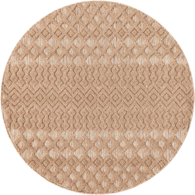 Beige 5' 3 x 5' 3 Outdoor Trellis Textured Round Area Rug Weather Resistant for Patio, Deck, Terrace, Balcony, Porch Geometric Design Water Safe Outside Carpet for Sale at Rug Engine
