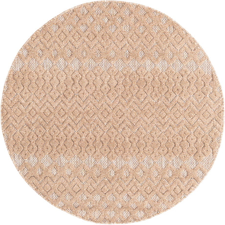 Beige 4' x 4' Outdoor Trellis Textured Round Area Rug Weather Resistant for Patio, Deck, Terrace, Balcony, Porch Geometric Design Water Safe Outside Carpet for Sale at Rug Engine