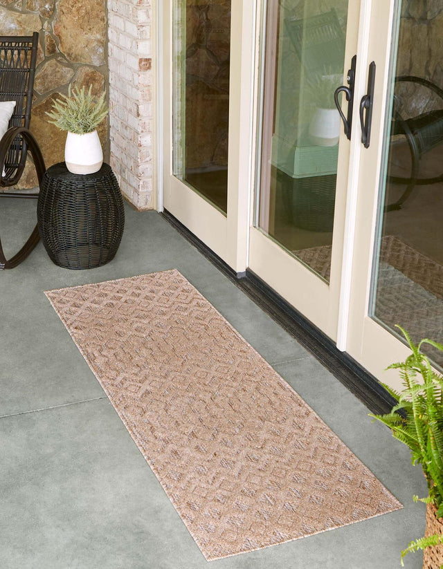 Beige 2' x 8' Outdoor Trellis Textured Runner Area Rug Weather Resistant for Patio, Deck, Terrace, Balcony, Porch Geometric Design Water Safe Outside Carpet for Sale at Rug Engine