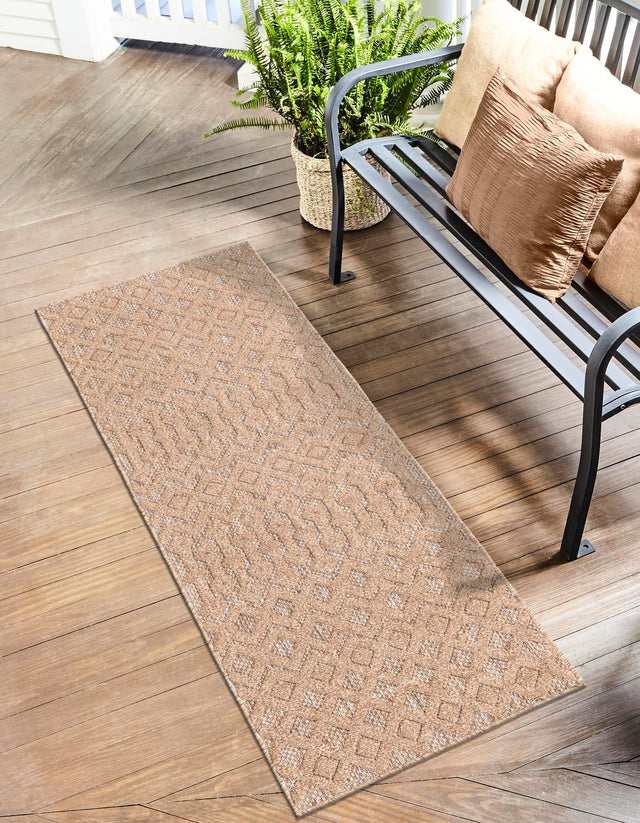 Beige 2' x 8' Outdoor Trellis Textured Runner Area Rug Weather Resistant for Patio, Deck, Terrace, Balcony, Porch Geometric Design Water Safe Outside Carpet for Sale at Rug Engine