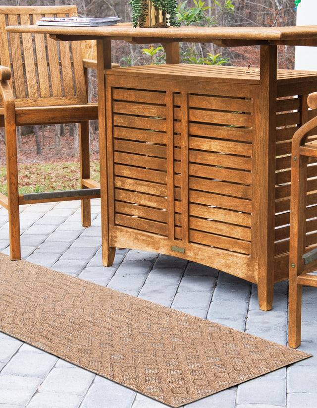 Beige 2' x 8' Outdoor Trellis Textured Runner Area Rug Weather Resistant for Patio, Deck, Terrace, Balcony, Porch Geometric Design Water Safe Outside Carpet for Sale at Rug Engine
