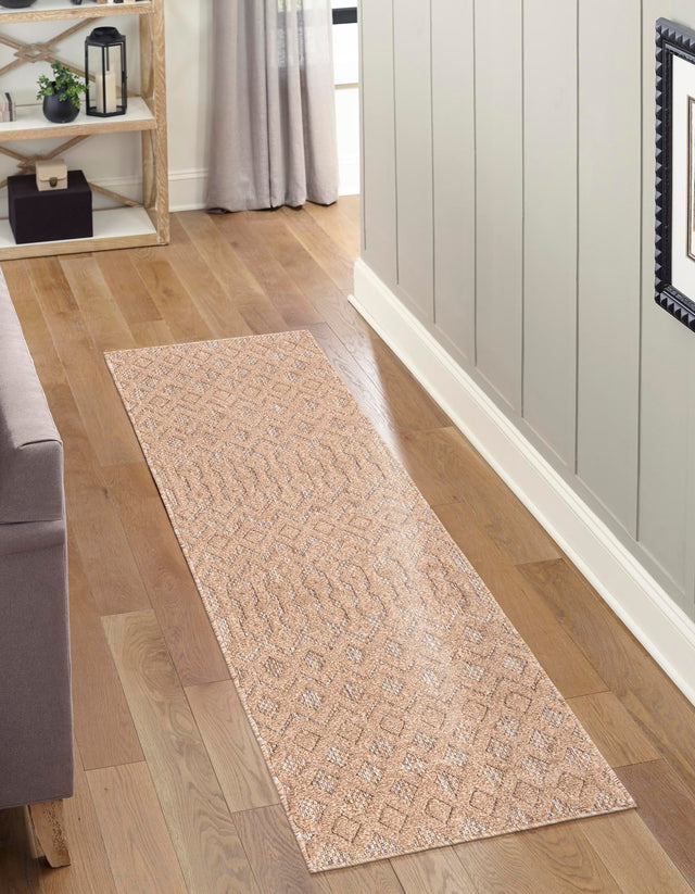 Beige 2' x 8' Outdoor Trellis Textured Runner Area Rug Weather Resistant for Patio, Deck, Terrace, Balcony, Porch Geometric Design Water Safe Outside Carpet for Sale at Rug Engine