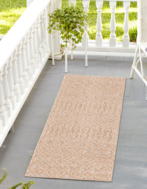 Beige 2' x 8' Outdoor Trellis Textured Runner Area Rug Weather Resistant for Patio, Deck, Terrace, Balcony, Porch Geometric Design Water Safe Outside Carpet for Sale at Rug Engine