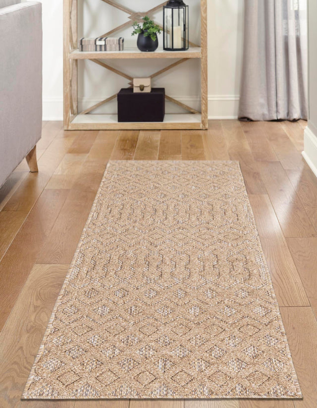Beige 2' x 8' Outdoor Trellis Textured Runner Area Rug Weather Resistant for Patio, Deck, Terrace, Balcony, Porch Geometric Design Water Safe Outside Carpet for Sale at Rug Engine