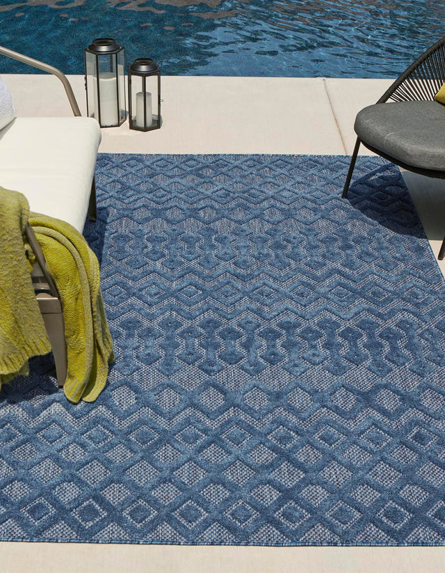 Navy Blue 7' 10 x 10' Outdoor Trellis Textured Rectangle Area Rug Weather Resistant for Patio, Deck, Terrace, Balcony, Porch Geometric Design Water Safe Outside Carpet for Sale at Rug Engine