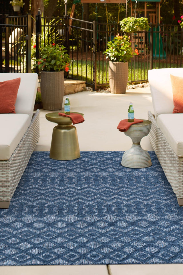 Navy Blue 9' x 12' Outdoor Trellis Textured Rectangle Area Rug Weather Resistant for Patio, Deck, Terrace, Balcony, Porch Geometric Design Water Safe Outside Carpet for Sale at Rug Engine