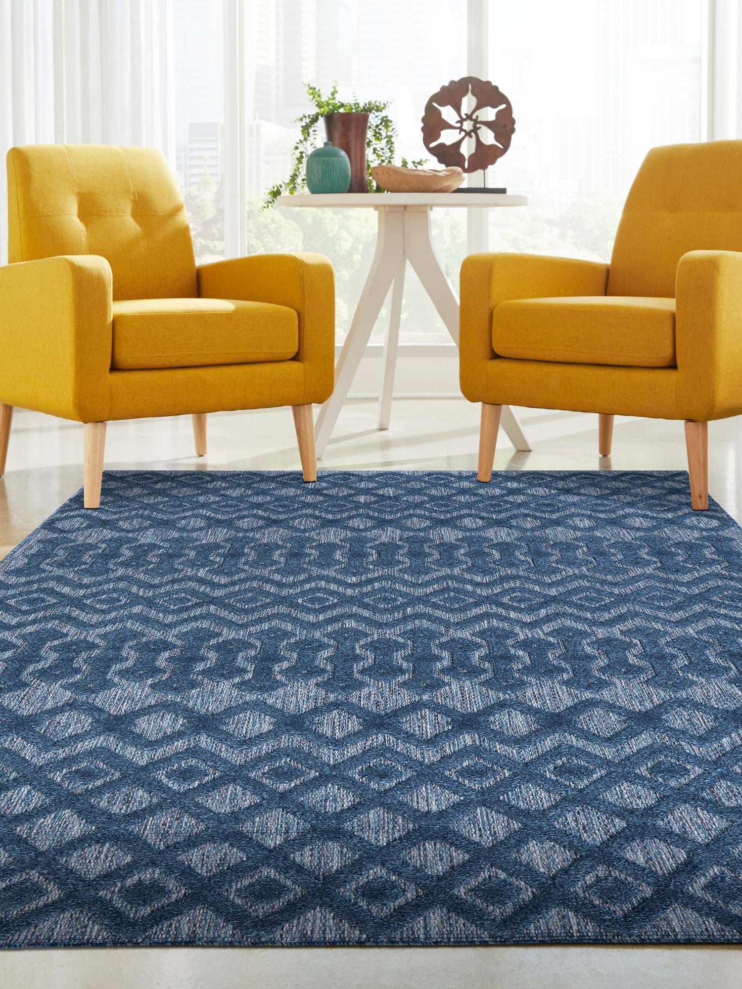 Navy Blue 9' x 12' Outdoor Trellis Textured Rectangle Area Rug Weather Resistant for Patio, Deck, Terrace, Balcony, Porch Geometric Design Water Safe Outside Carpet for Sale at Rug Engine
