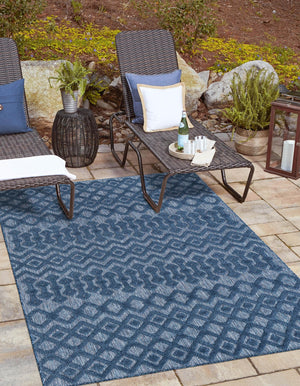 Navy Blue 5' 3 x 8' Outdoor Trellis Textured Rectangle Area Rug Weather Resistant for Patio, Deck, Terrace, Balcony, Porch Geometric Design Water Safe Outside Carpet for Sale at Rug Engine