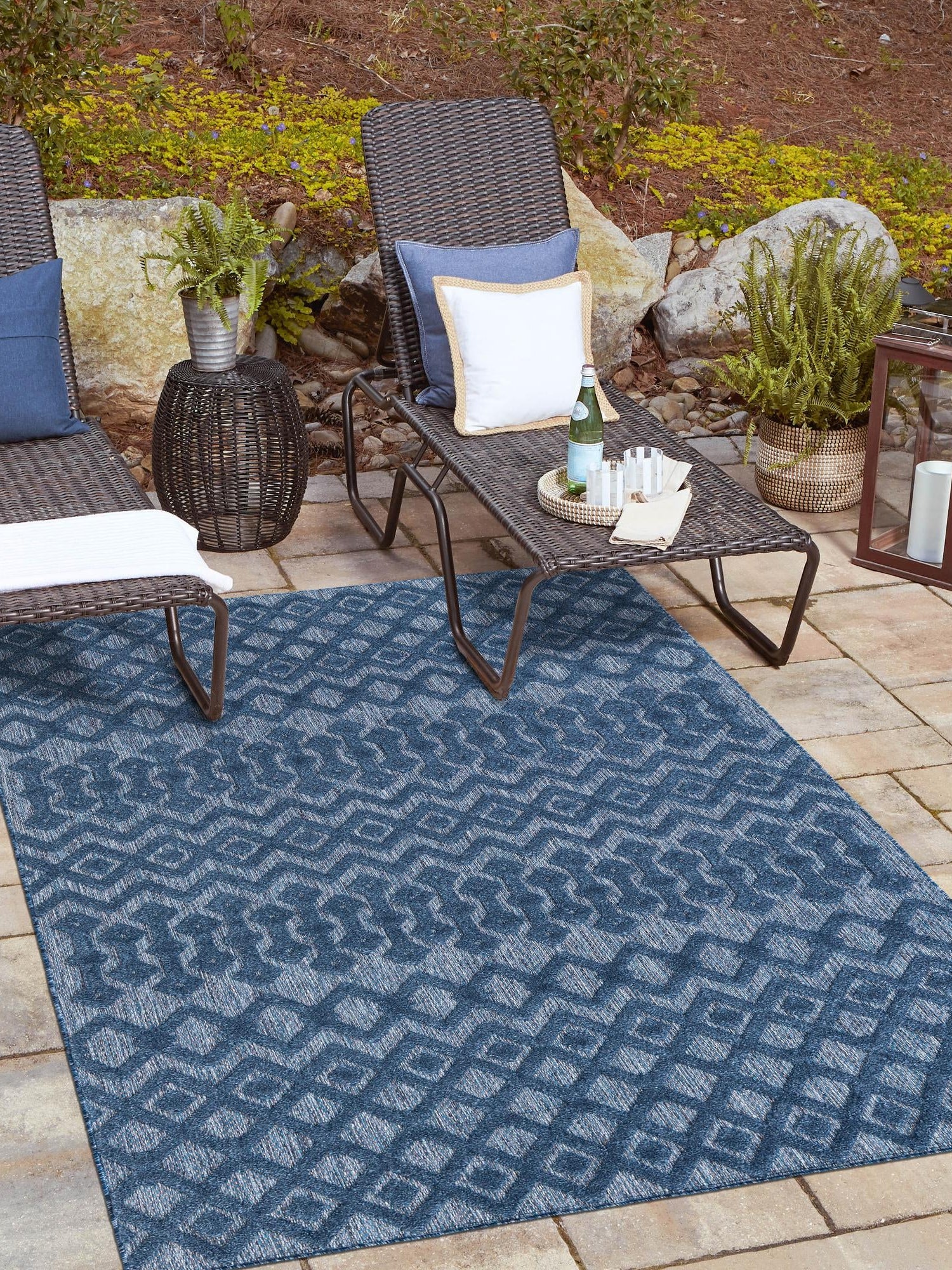 Navy Blue 9' x 12' Outdoor Trellis Textured Rectangle Area Rug Weather Resistant for Patio, Deck, Terrace, Balcony, Porch Geometric Design Water Safe Outside Carpet for Sale at Rug Engine
