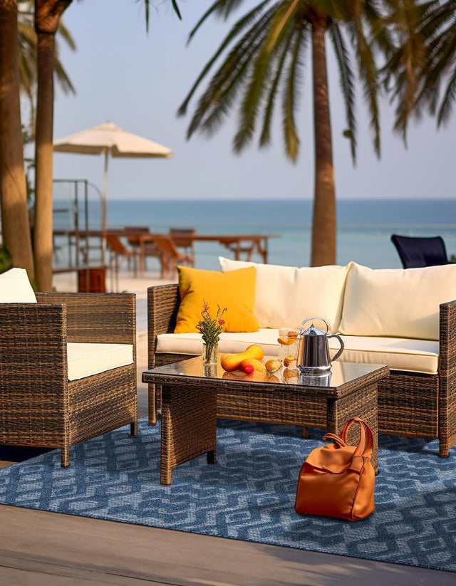 Navy Blue 5' 3 x 8' Outdoor Trellis Textured Rectangle Area Rug Weather Resistant for Patio, Deck, Terrace, Balcony, Porch Geometric Design Water Safe Outside Carpet for Sale at Rug Engine