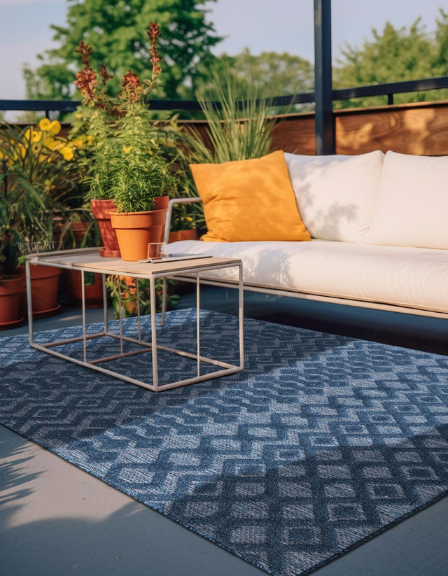Navy Blue 9' x 12' Outdoor Trellis Textured Rectangle Area Rug Weather Resistant for Patio, Deck, Terrace, Balcony, Porch Geometric Design Water Safe Outside Carpet for Sale at Rug Engine